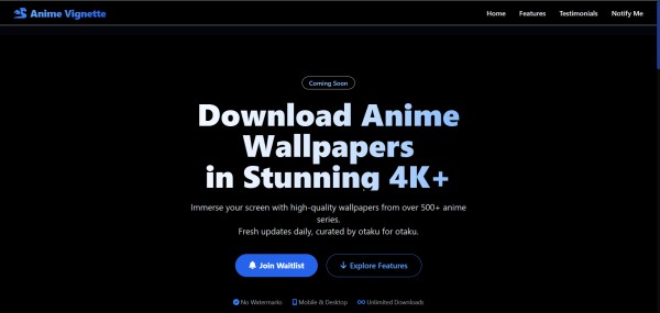 صفحة استقبال لتطبيق خلفيات انمي بدقة عالية موجه لمحبي الانمي